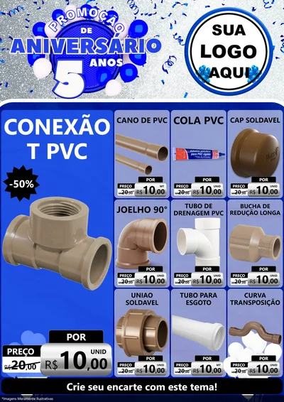 Modelo de Encarte para Encarte A4 Vertical com o tema Promoção de Aniversário - 5 Anos para Tubos e conexões