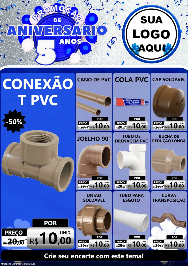 Modelo de Encarte para Encarte A4 Vertical com o tema Promoção de Aniversário - 5 Anos para Tubos e conexões