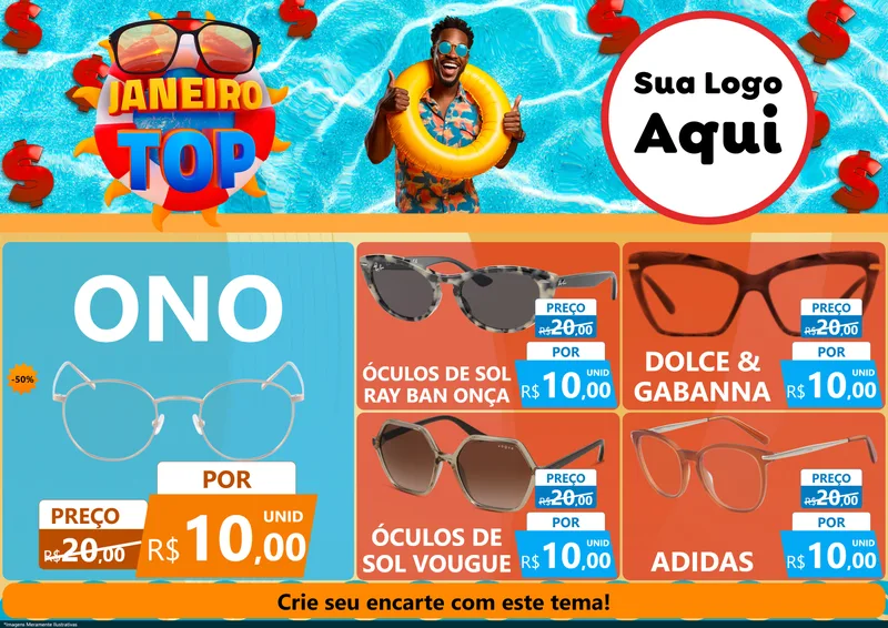 Modelo de Encarte para Encarte A4 Horizontal com o tema Janeiro Top para Óticas