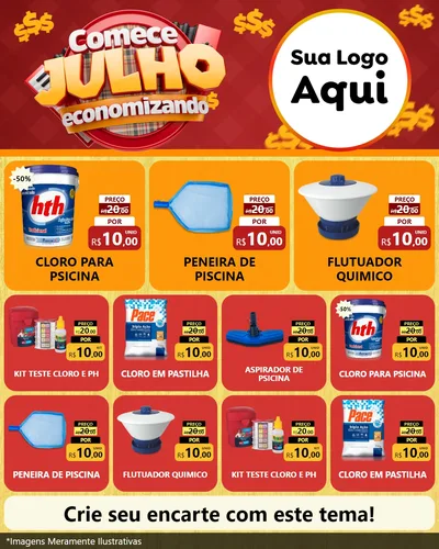 Modelo de Rede Social para Feed Instagram com o tema Comece Julho Economizando para Produtos para Piscina