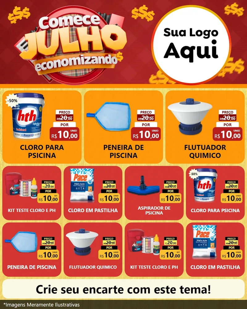 Modelo de Rede Social para Feed Instagram com o tema Comece Julho Economizando para Produtos para Piscina