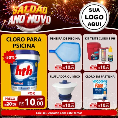 Modelo de Rede Social para Feed Facebook com o tema Saldão de Ano Novo para Produtos para Piscina