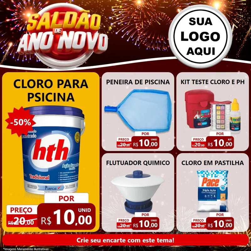 Modelo de Rede Social para Feed Facebook com o tema Saldão de Ano Novo para Produtos para Piscina