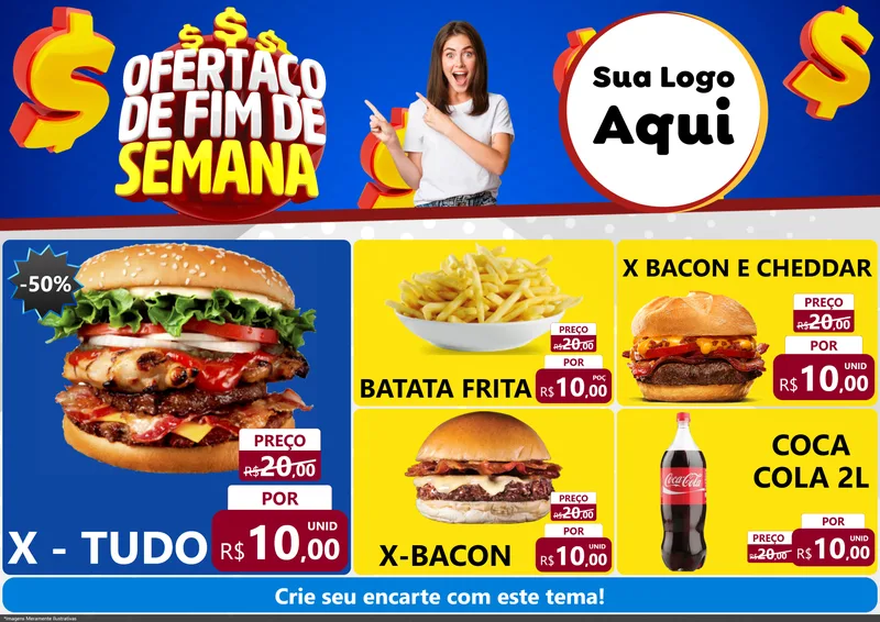 Modelo de Encarte para Encarte A4 Horizontal com o tema Ofertaço de Fim de Semana para Hamburgueria