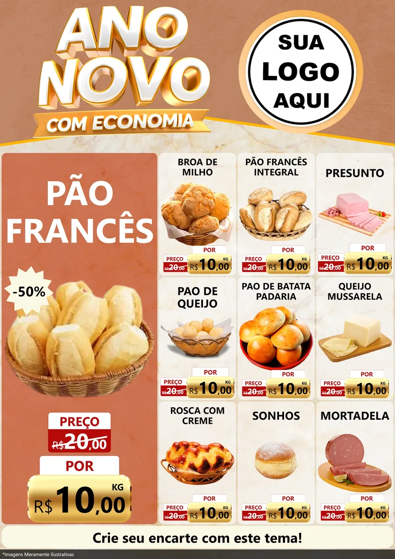 Modelo de Encarte para Encarte A4 Vertical com o tema Ano Novo Com Economia para Padaria