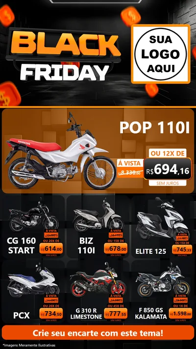 Modelo de Rede Social para Stories com o tema Black Friday para Concessionaria de Motos