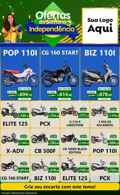 Modelo de Encarte para Encarte Grande com o tema Ofertas da Semana da Independência para Concessionaria de Motos