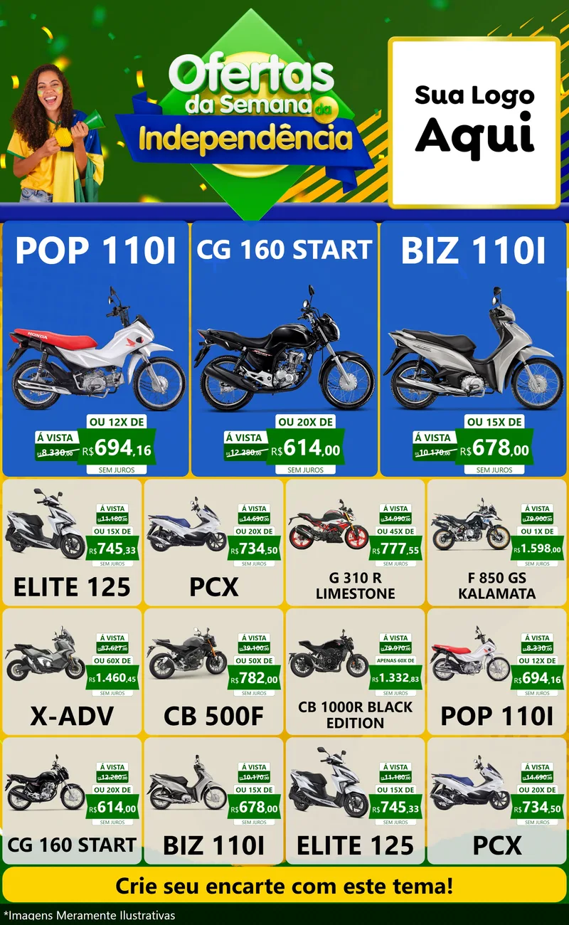 Modelo de Encarte para Encarte Grande com o tema Ofertas da Semana da Independência para Concessionaria de Motos