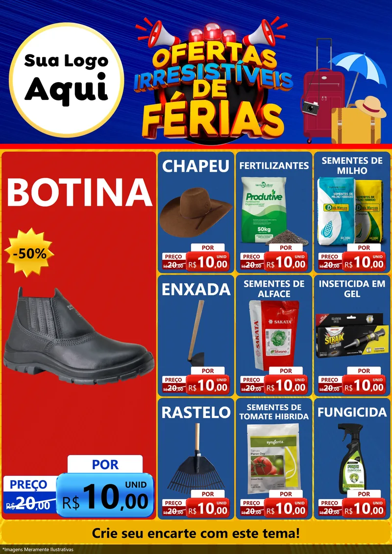 Modelo de Encarte para Encarte A4 Vertical com o tema Ofertas Irresistíveis de Férias para Agropecuária