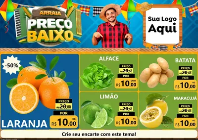 Modelo de Encarte para Encarte A4 Horizontal com o tema Arraiá de Preço Baixo - Junina para Hortifrúti