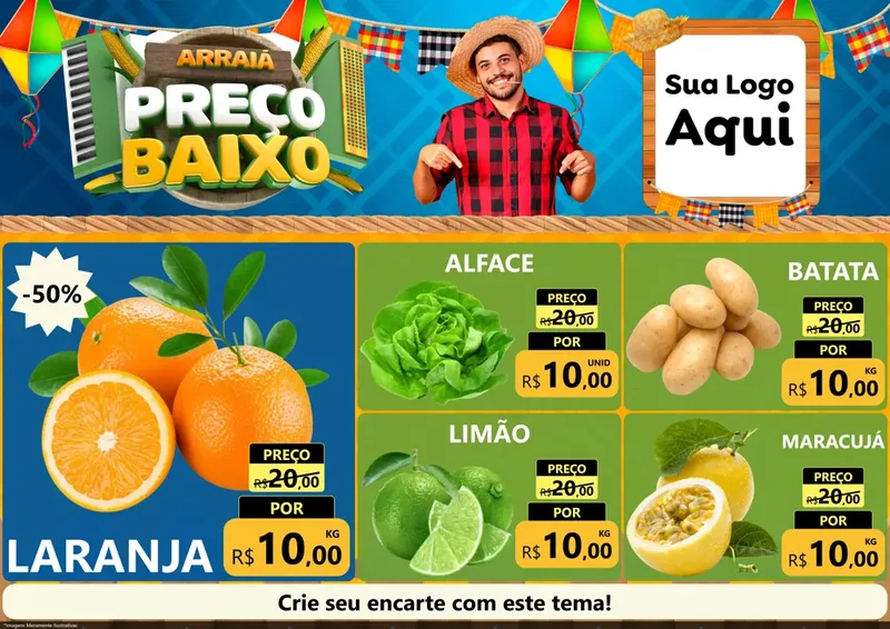Modelo de Encarte para Encarte A4 Horizontal com o tema Arraiá de Preço Baixo - Junina para Hortifrúti