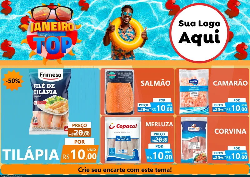 Modelo de Encarte para Encarte A4 Horizontal com o tema Janeiro Top para Peixaria