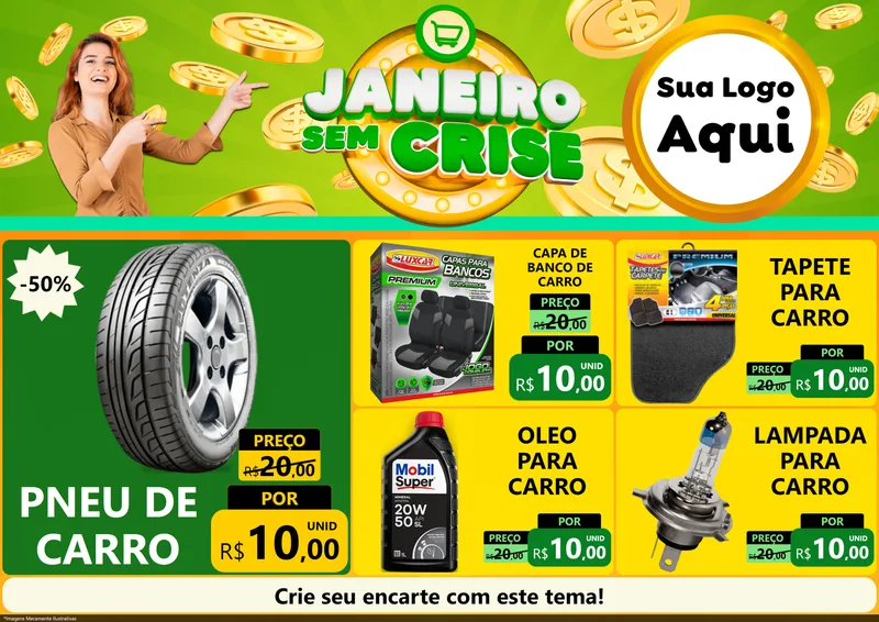 Modelo de Encarte para Encarte A4 Horizontal com o tema Janeiro Sem Crise para Auto peças