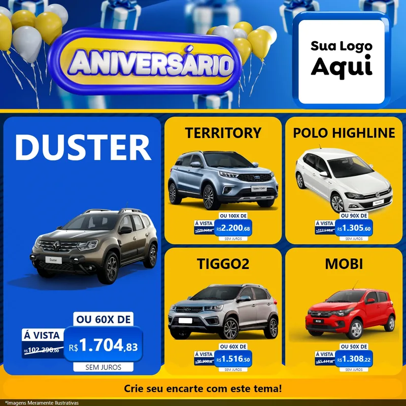 Modelo de Rede Social para Feed Facebook com o tema Aniversário para Concessionaria de Carros