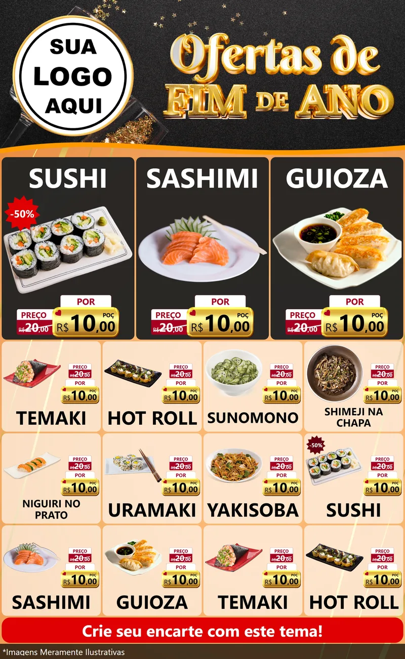 Modelo de Encarte para Encarte Grande com o tema Ofertas de Fim de Ano para Comida japonesa