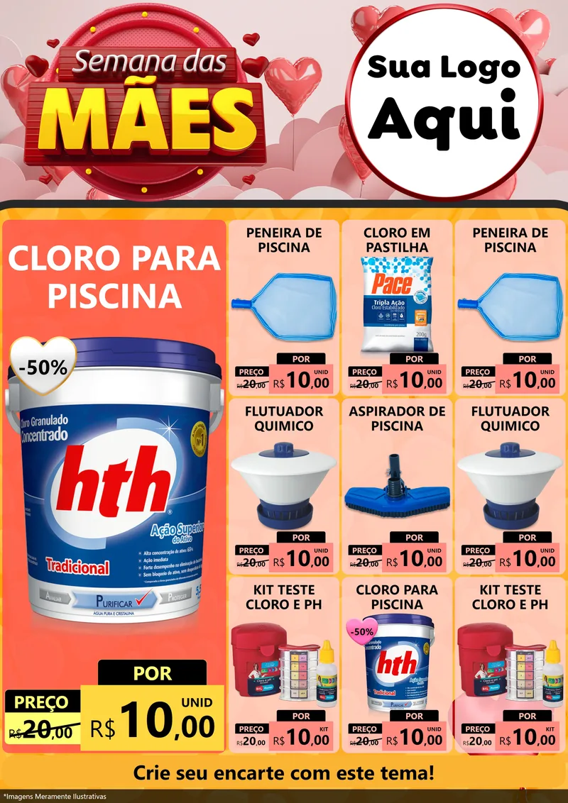 Modelo de Encarte para Encarte A4 Vertical com o tema Semana das Mães para Produtos para Piscina