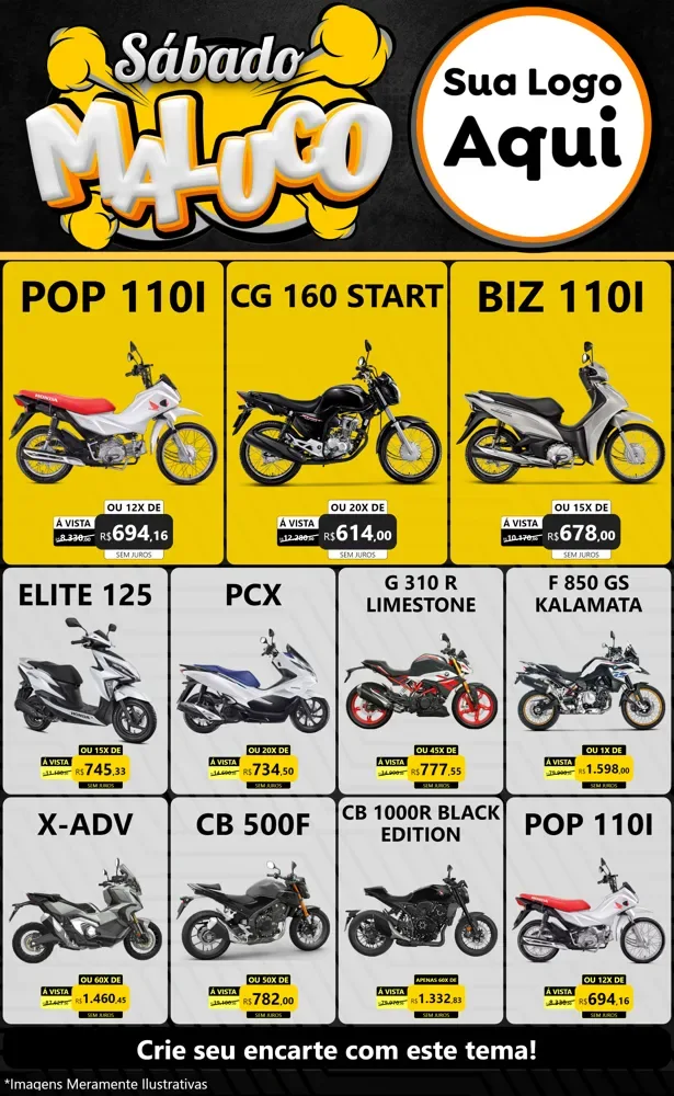 Modelo de Encarte para Encarte Grande com o tema Sábado Maluco para Concessionaria de Motos