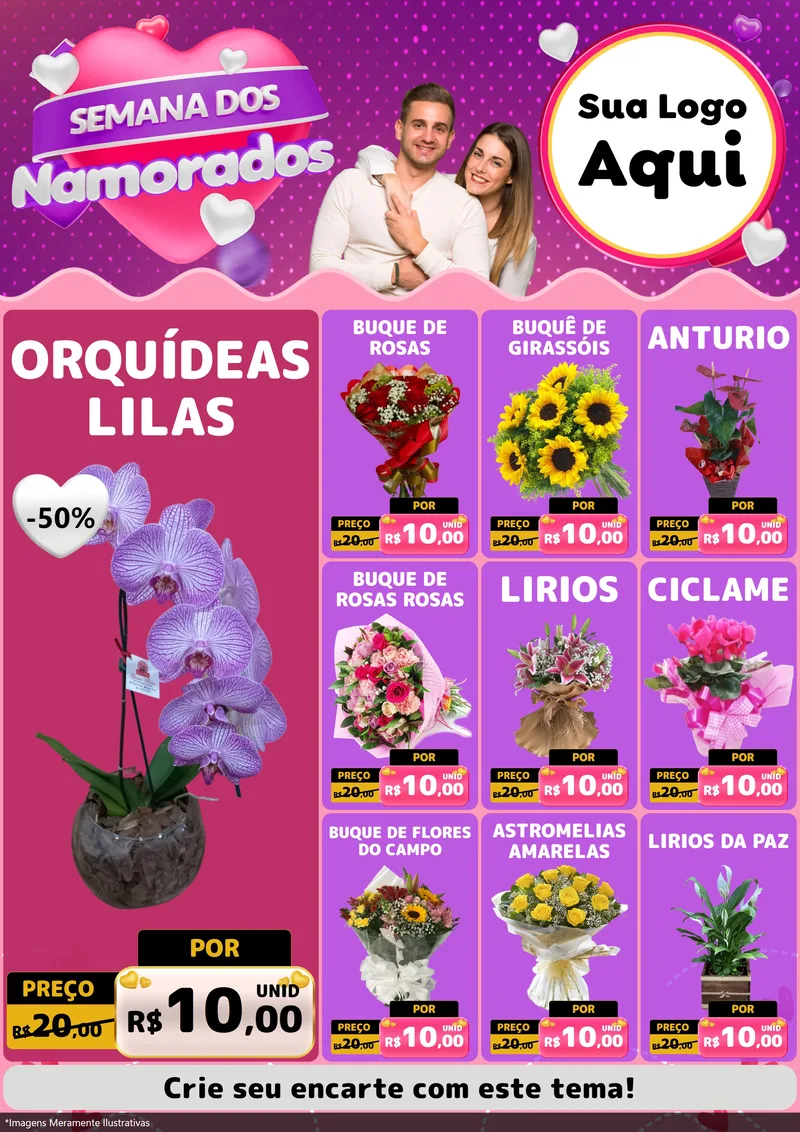 Modelo de Encarte para Encarte A4 Vertical com o tema Semana dos Namorados para Floricultura e jardim