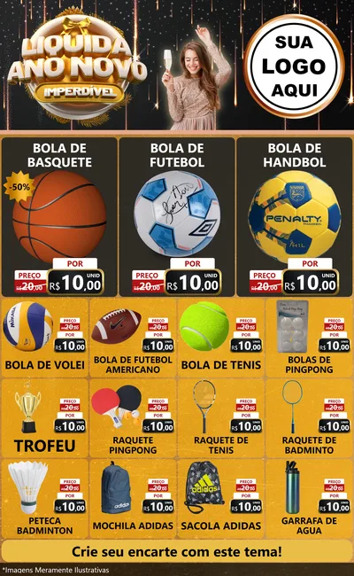 Modelo de Encarte para Encarte Grande com o tema Liquida Ano Novo Imperdível para Artigos Esportivos