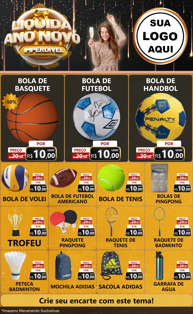 Modelo de Encarte para Encarte Grande com o tema Liquida Ano Novo Imperdível para Artigos Esportivos