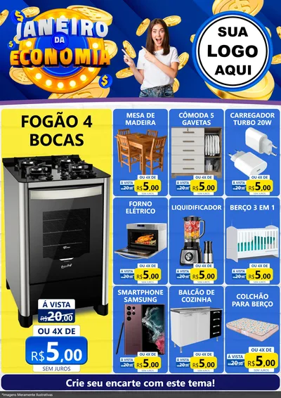 Modelo de Encarte para Encarte A4 Vertical com o tema Janeiro da Economia para Móveis e Eletro
