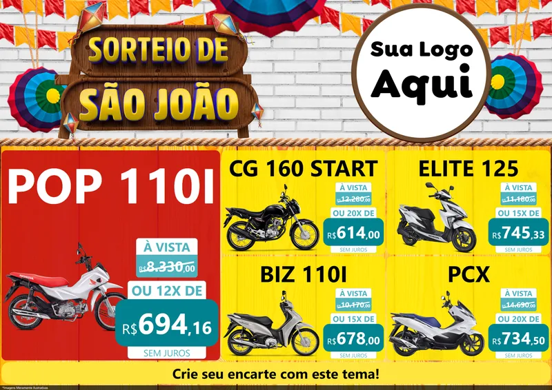 Modelo de Encarte para Encarte A4 Horizontal com o tema Sorteio de São João para Concessionaria de Motos