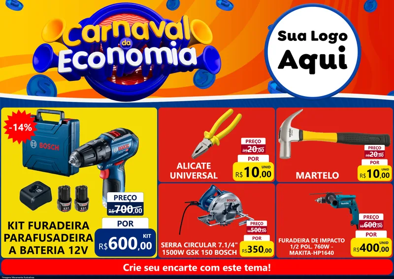 Modelo de Encarte para Encarte A4 Horizontal com o tema Carnaval da Economia para Maquinas e Ferramentas