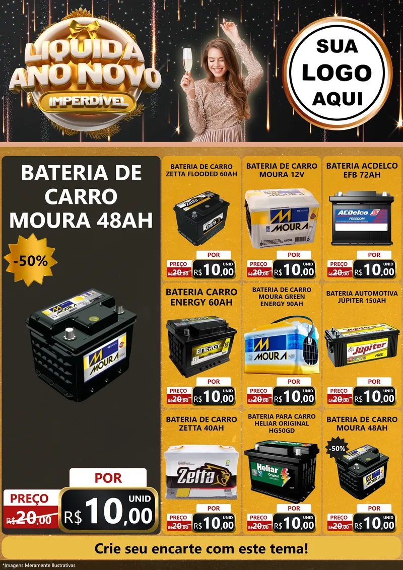 Modelo de Encarte para Encarte A4 Vertical com o tema Liquida Ano Novo Imperdível para Baterias Elétricas