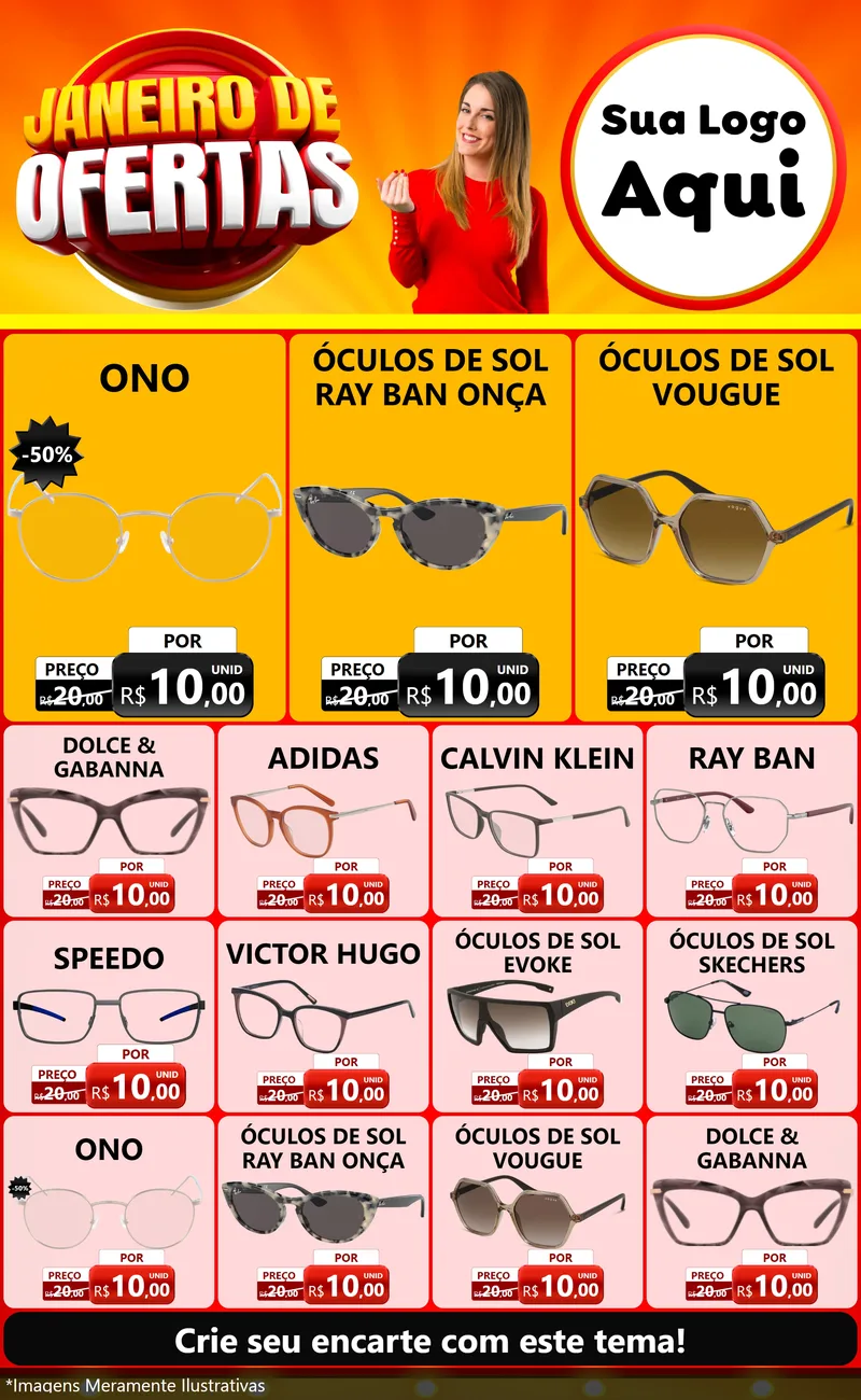 Modelo de Encarte para Encarte Grande com o tema Janeiro de Ofertas para Óticas