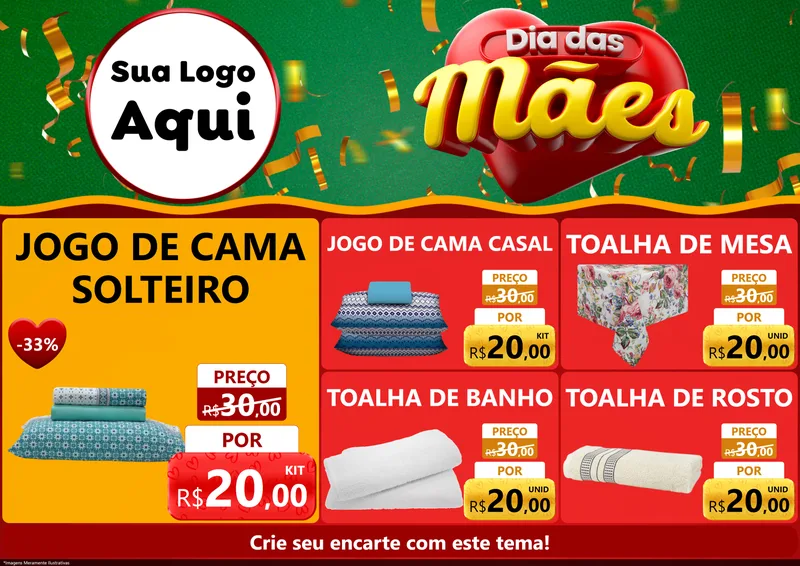 Modelo de Encarte para Encarte A4 Horizontal com o tema Dia das Mães para Cama, Mesa e Banho