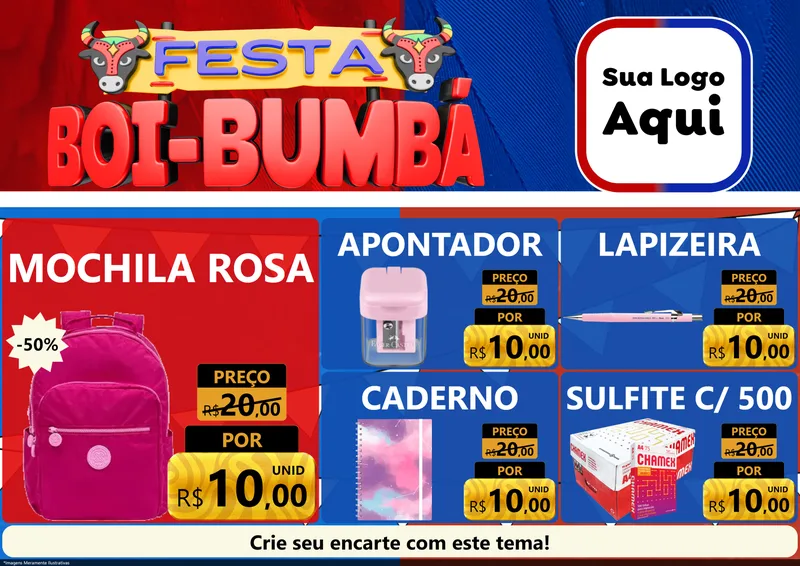 Modelo de Encarte para Encarte A4 Horizontal com o tema Festa Boi Bumbá para Papelaria