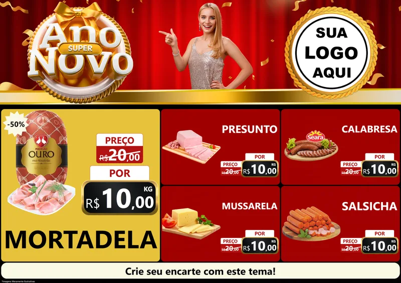 Modelo de Encarte para Encarte A4 Horizontal com o tema Super Ano Novo para Frios e Laticínios