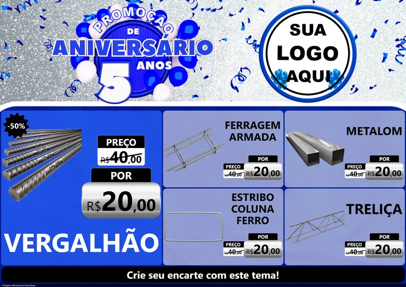Modelo de Encarte para Encarte A4 Horizontal com o tema Promoção de Aniversário - 5 Anos para Ferragens
