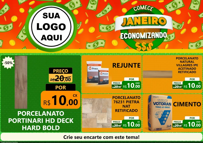 Modelo de Encarte para Encarte A4 Horizontal com o tema Comece Janeiro Economizando para Pisos e revestimentos