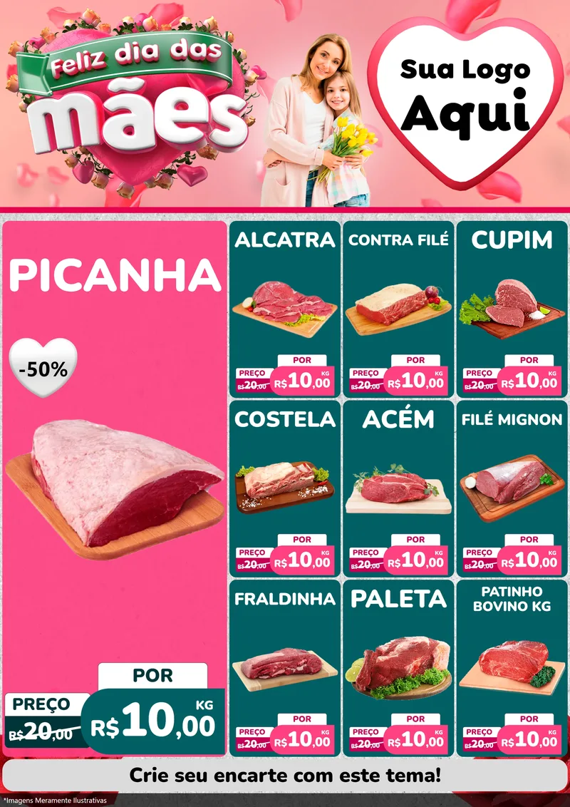 Modelo de Encarte para Encarte A4 Vertical com o tema Feliz Dia das Mães para Açougue