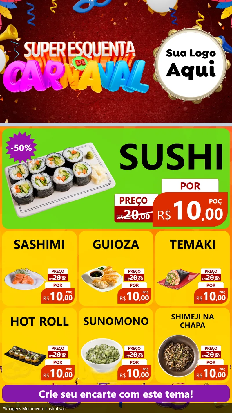 Modelo de Rede Social para Stories com o tema Super Esquenta de Carnaval para Comida japonesa