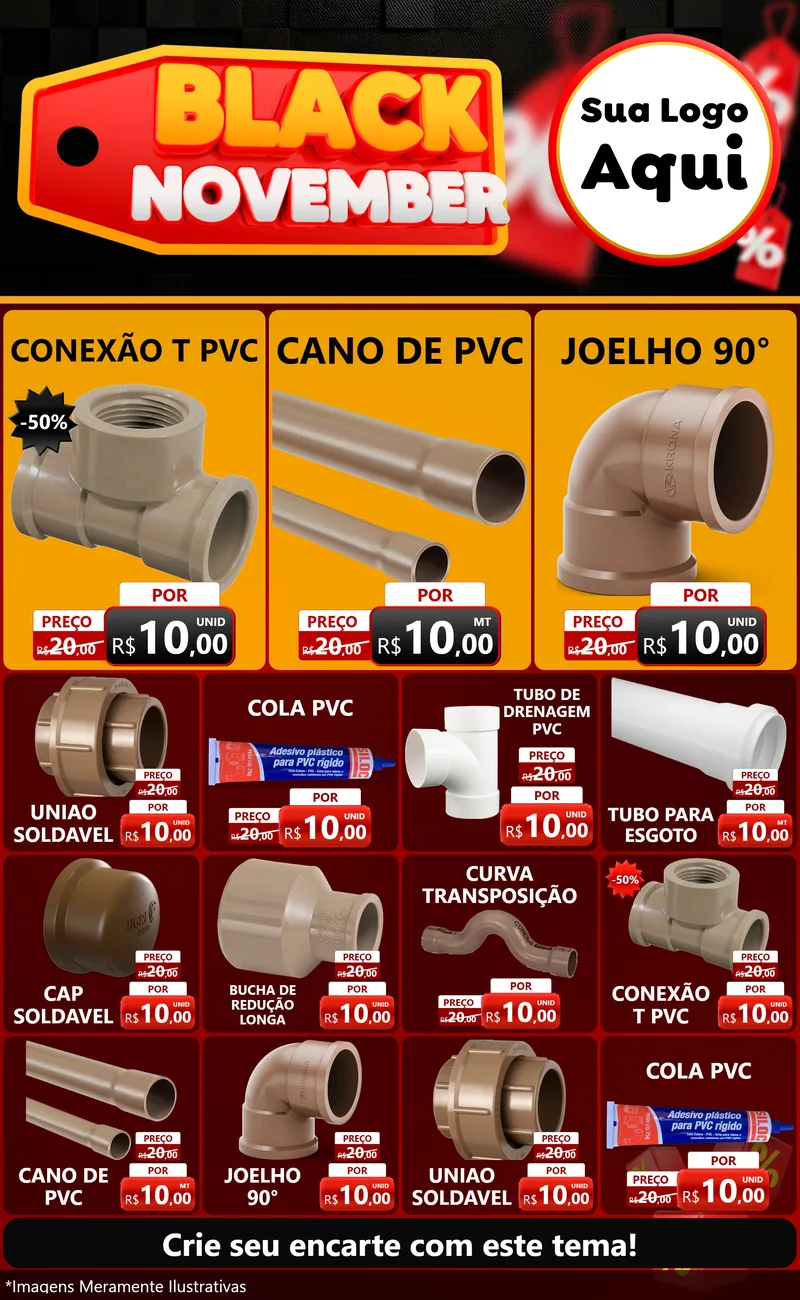 Modelo de Encarte para Encarte Grande com o tema Black November para Tubos e conexões