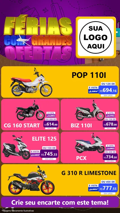 Modelo de TV para TV Vertical com o tema Férias com Grandes Ofertas para Concessionaria de Motos
