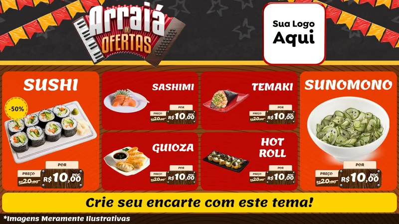 Modelo de TV para TV Horizontal com o tema Arraiá de Ofertas - Junina para Comida japonesa