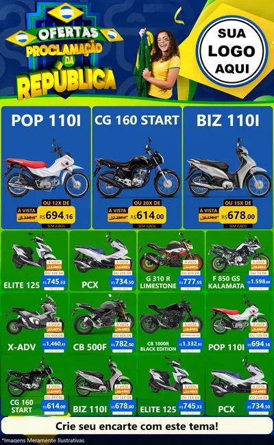 Modelo de Encarte para Encarte Grande com o tema Ofertas Proclamação da República para Concessionaria de Motos