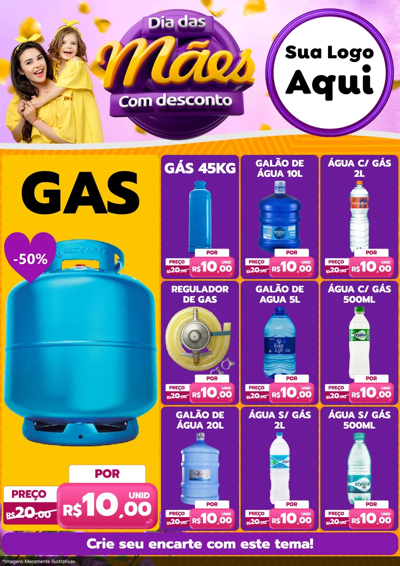 Modelo de Encarte para Encarte A4 Vertical com o tema Dia das Mães com Desconto para Água e gás