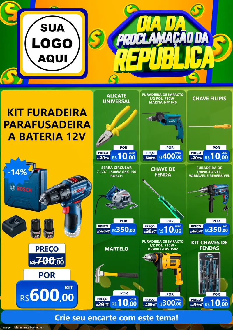 Modelo de Encarte para Encarte A4 Vertical com o tema Dia Da Proclamação da República para Maquinas e Ferramentas