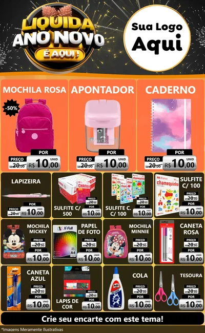 Modelo de Encarte para Encarte Grande com o tema Liquida Ano Novo É Aqui! para Papelaria