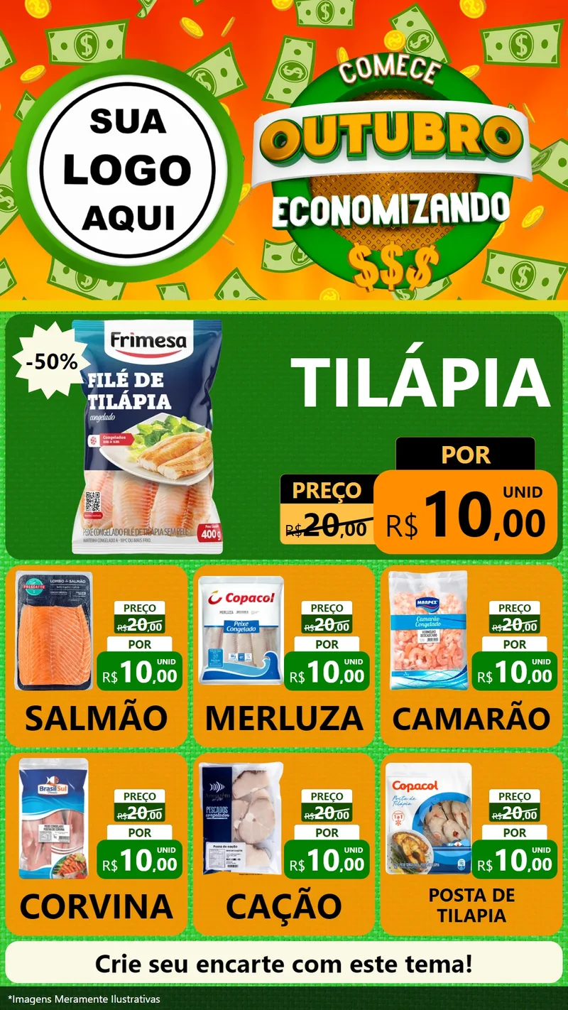 Modelo de Rede Social para Stories com o tema Comece Outubro Economizando para Peixaria