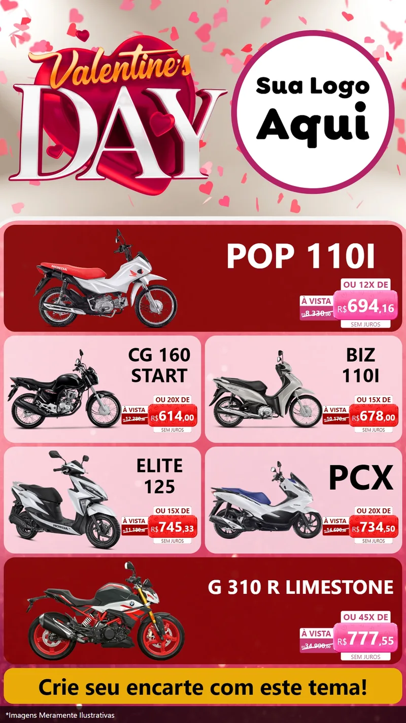 Modelo de TV para TV Vertical com o tema Valentine's Day para Concessionaria de Motos