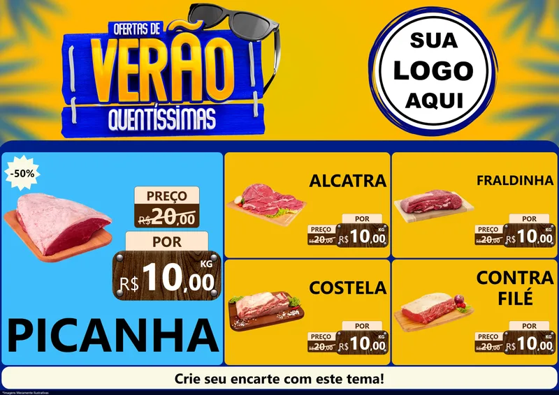Modelo de Encarte para Encarte A4 Horizontal com o tema Ofertas de Verão Quentíssimas para Açougue