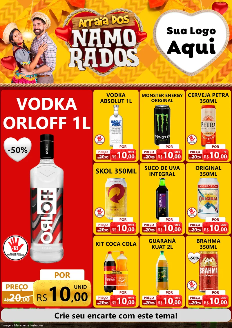 Modelo de Encarte para Encarte A4 Vertical com o tema Arraiá dos Namorados para Distribuidora de bebidas