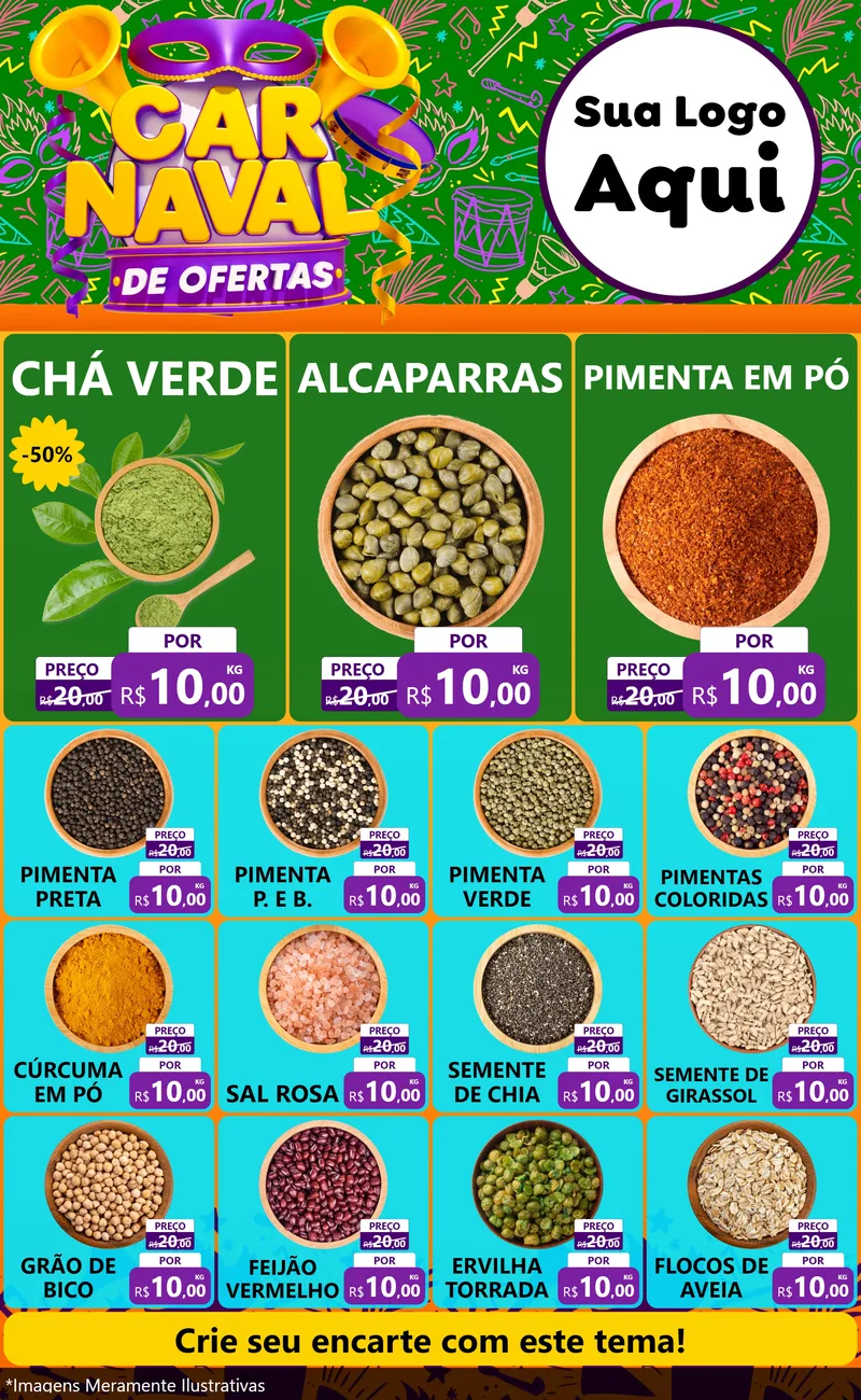 Modelo de Encarte para Encarte Grande com o tema Carnaval de Ofertas para Produtos Naturais