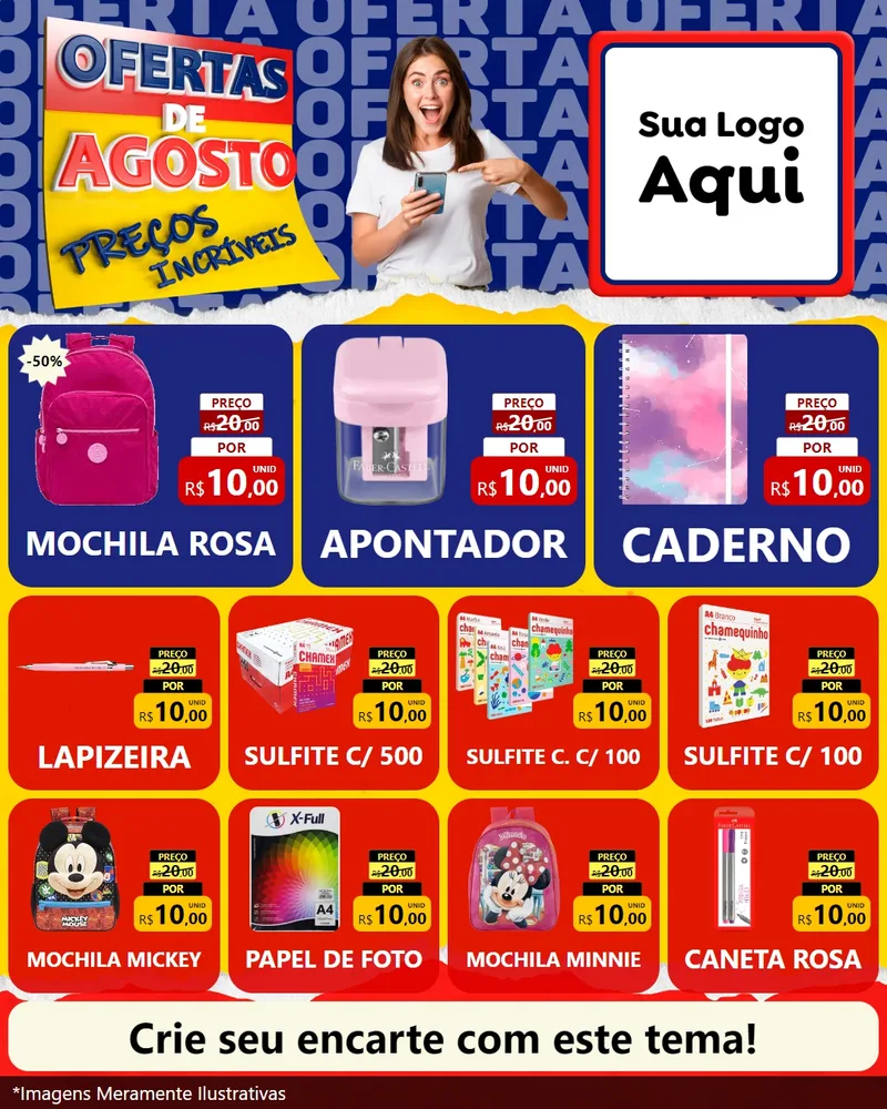 Modelo de Rede Social para Feed Instagram com o tema Ofertas de Agosto - Preços Incríveis para Papelaria