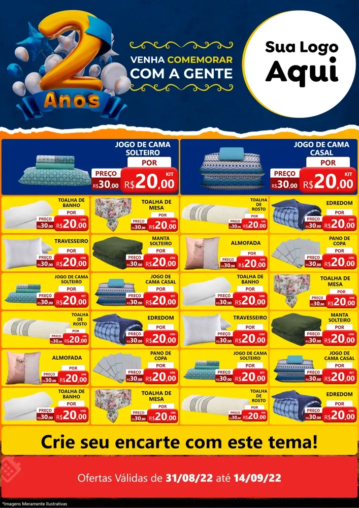 Modelo de Encarte para Encarte A4 Vertical com o tema Aniversário de 2 anos para Cama, Mesa e Banho
